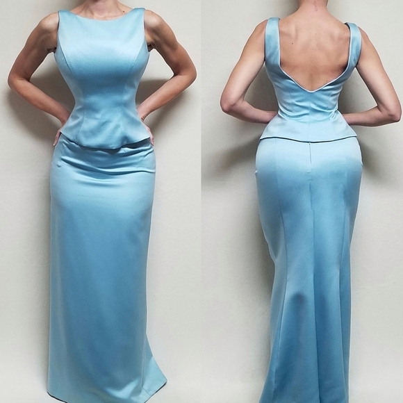 Vintage Dresses & Skirts - 80s Vintage Alex Evenings Baby Blue Satin Backless Mermaid A-line Two-Piece Set